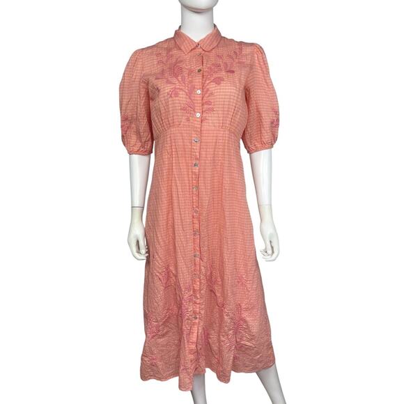 Johnny Was Women's S Pink Orla Puff Sleeve Embroidered Boho Midi Dress EUC +slip - Picture 1 of 4